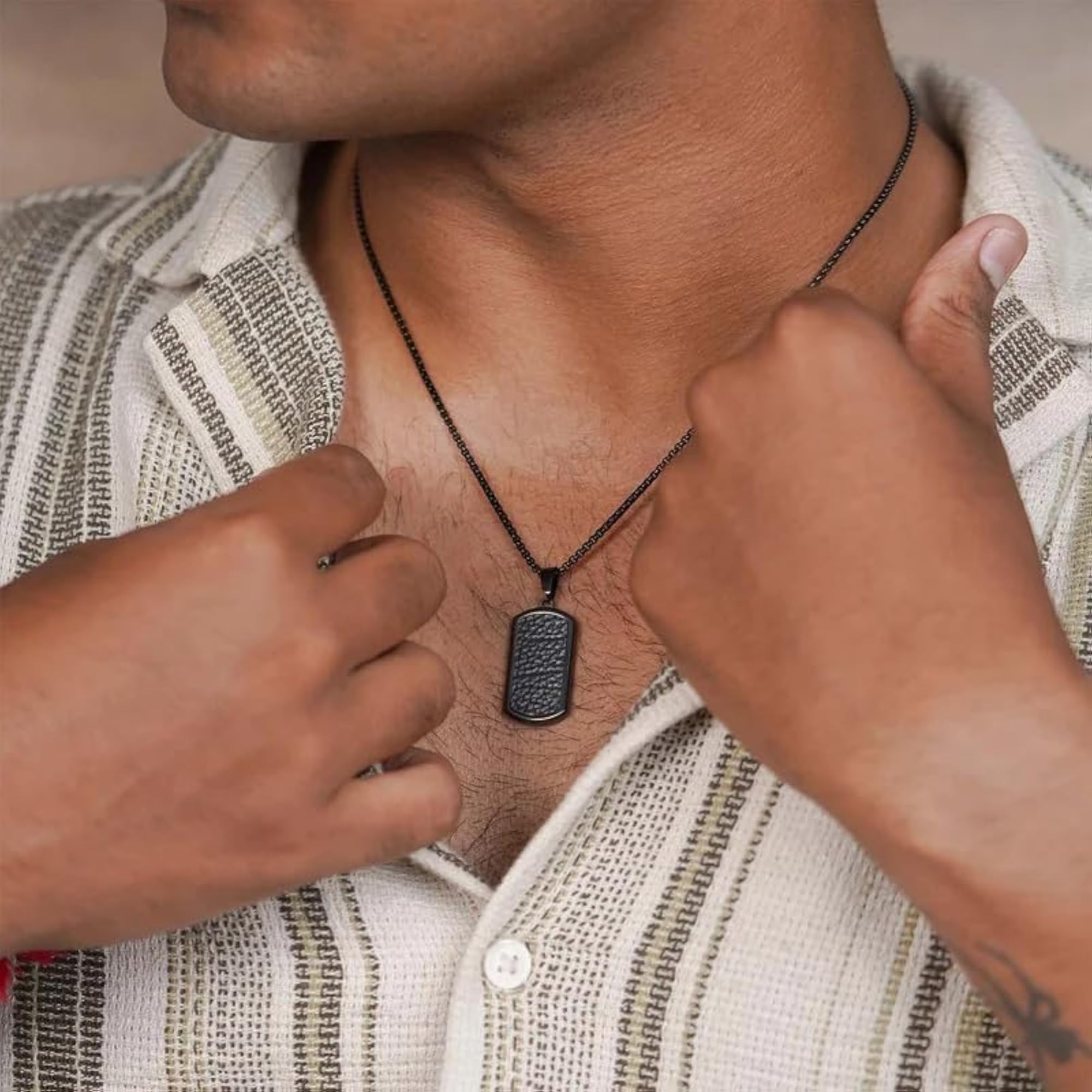 Men's Textured Vegan Leather Inlay Necklace, Minimalist Style