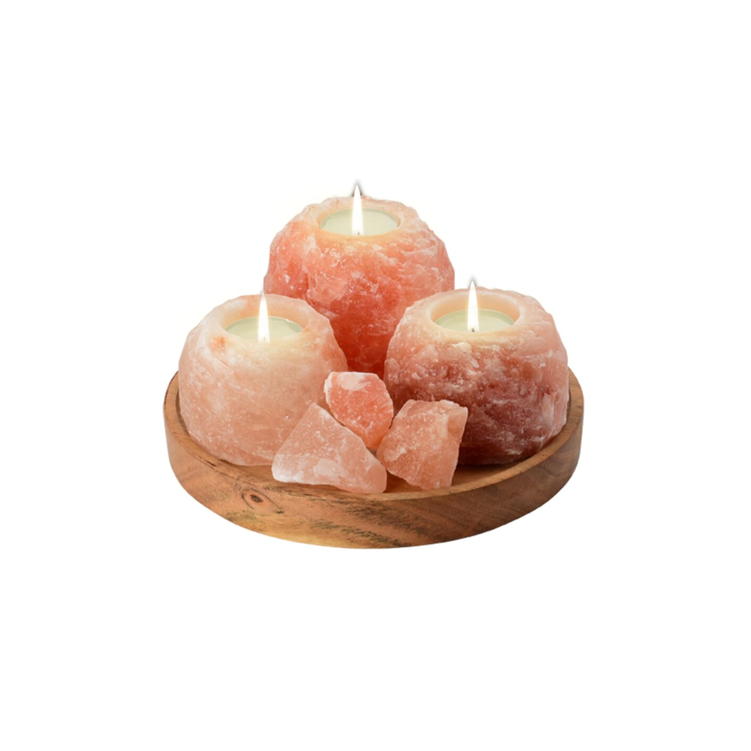 HAF Teelichthalter Set Rosa 3-teilig (2X ca. 400g & 1x ca. 700g) auf Holzplatte – Handgefertigte Kristallsalz Kerzenhalter für harmonisches Licht und Deko – ohne Teelichter