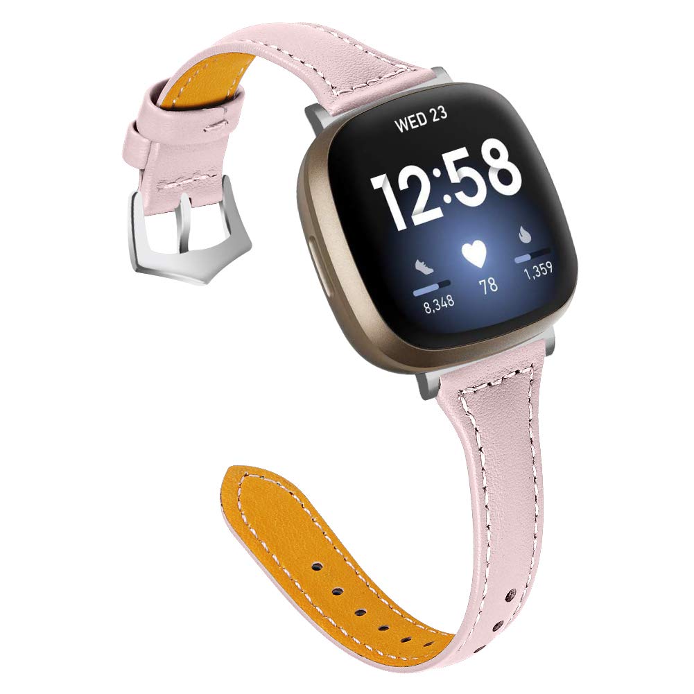 FitTurn Slim Strap Compatible with Fitbit Versa 4/Versa 3/Sense 2 Bands Women Men Thin Genuine Leather Replacement Wristbands Handmade Watch Band Accessories Multi Colors for Versa 4/Sense 2 (Pink)
