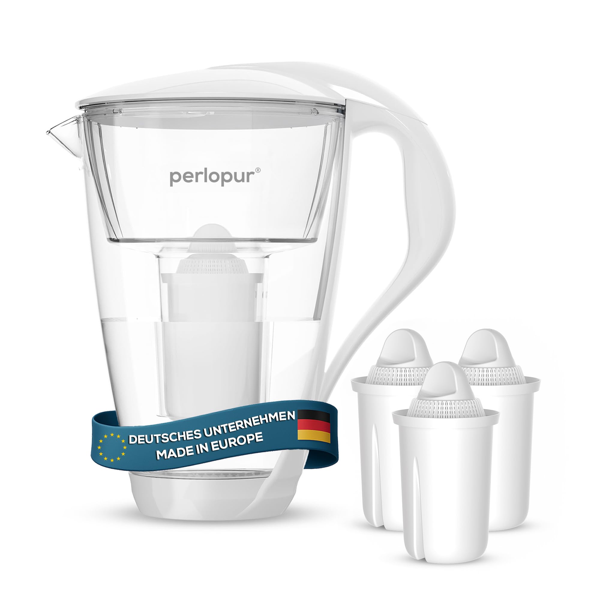 Glas-Wasserfilter (weiß) Glaskanne mit 3 Classic Filterkartuschen – Reduzierung von Kalk & Schwermetall – Schützt Geräte – Besserer Geschmack von Kaffee & Tee – Made in EU