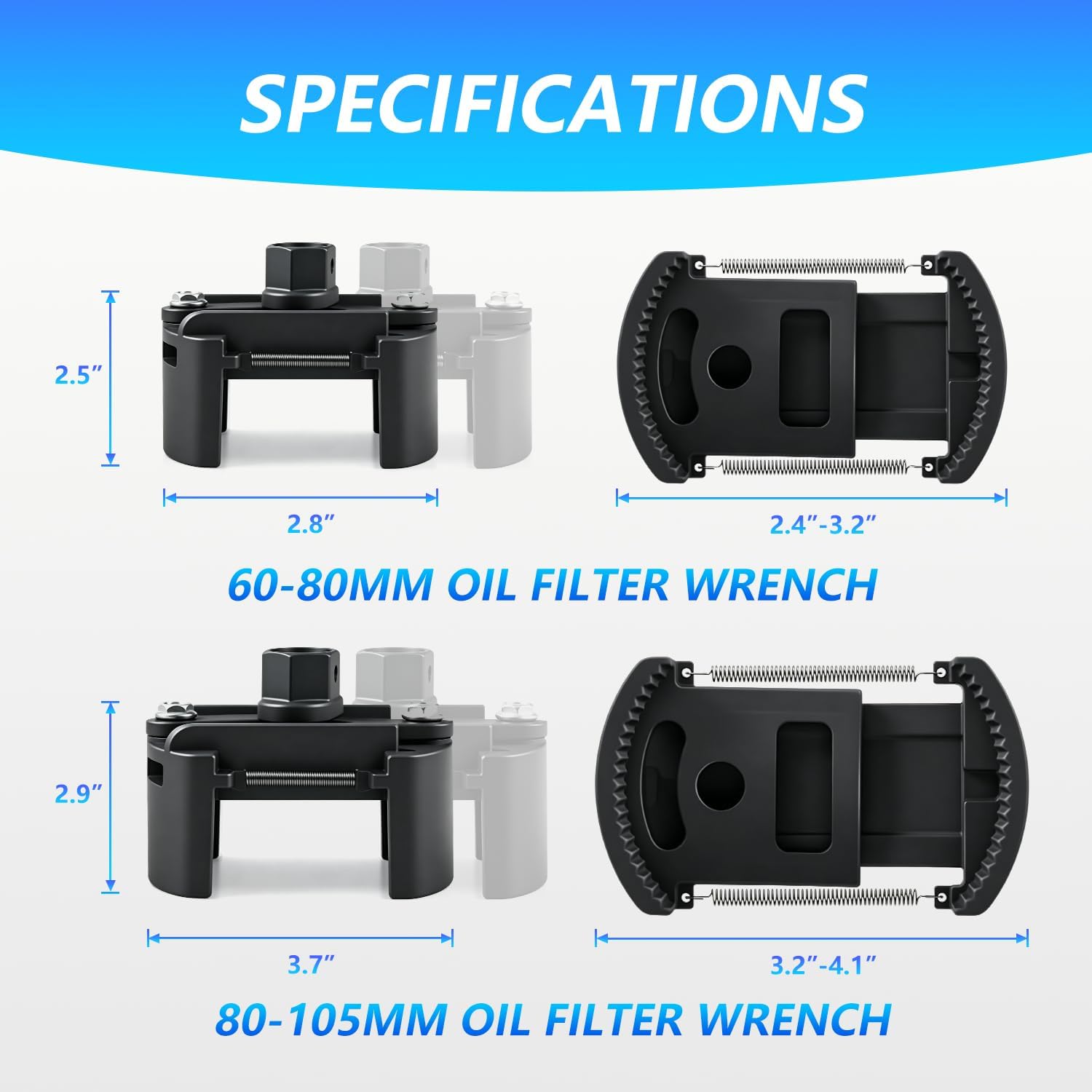 Universal Adjustable Oil Filter Wrench, 60-80 mm(2-3/8" to 3-1/8") & 80-105 mm Drive Cap Style Oil Filter Removal Tool, Oil Filter Removal Tool Fits Cars, Motorcycles & ATVs, 2 PCS