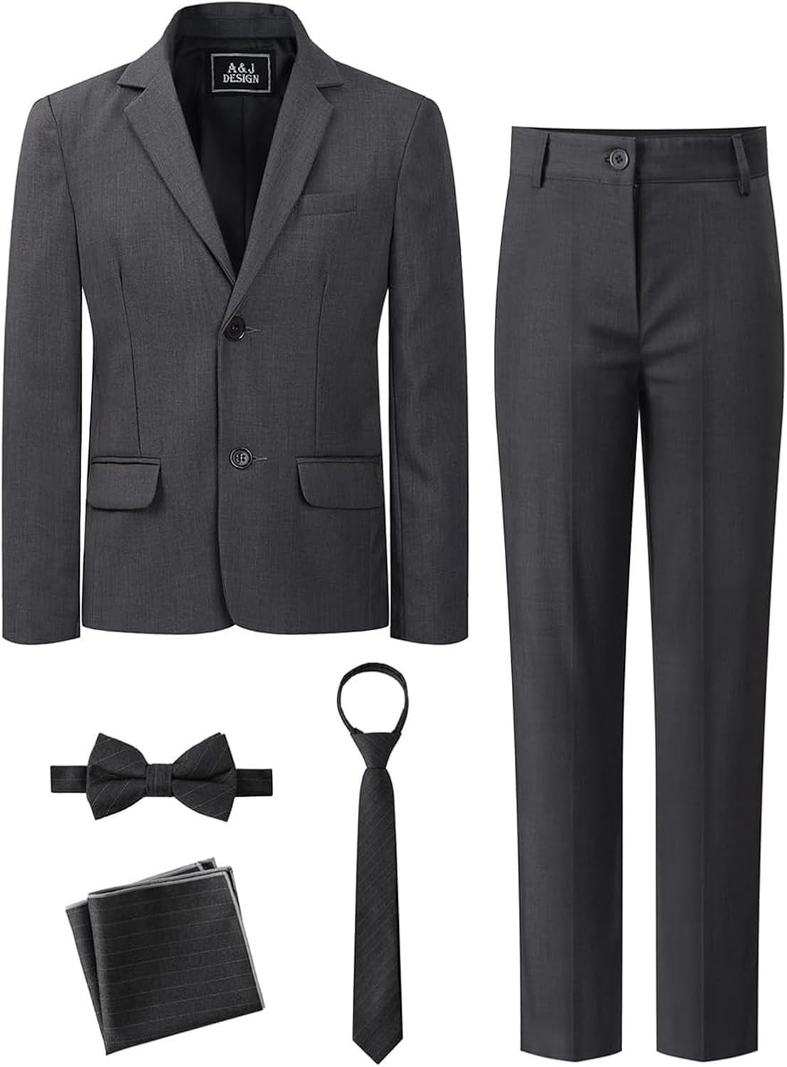 A&J DESIGN Boys 5 Piece Suit Slim Fit Blazer Pant Tie Bowtie Pocket Square