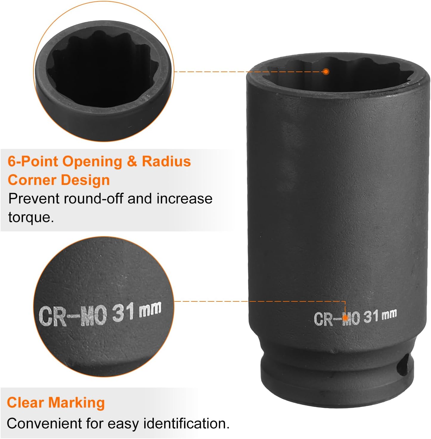 HARFINGTON 2Pcs 12-Point Deep Impact Socket 1/2 Inch Drive 31mm Metric Chrome Molybdenum Alloy Steel Spindle Axle Nut Impact Socket