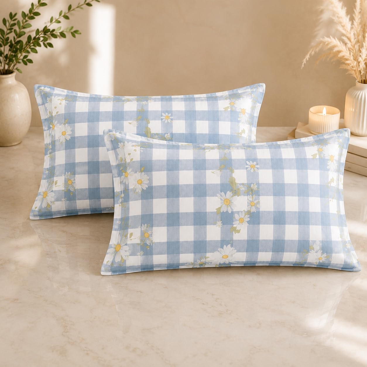 THE HOME STYLE Super Soft Glace Cotton King Size Printed Pillow Covers ll Pillow Cases ll Set of 2 Piece- 18"x 28" Inches (Daisy Check)