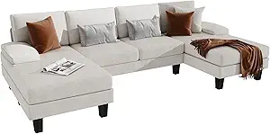 YESHOMY Convertible Sectional Sofa U-Shaped Couch with Soft Modern Cotton Chenille Fabric for Living Room, Oversized Seats with Comfortable Backrest, 50"D x 110.2"W x 33"H, White