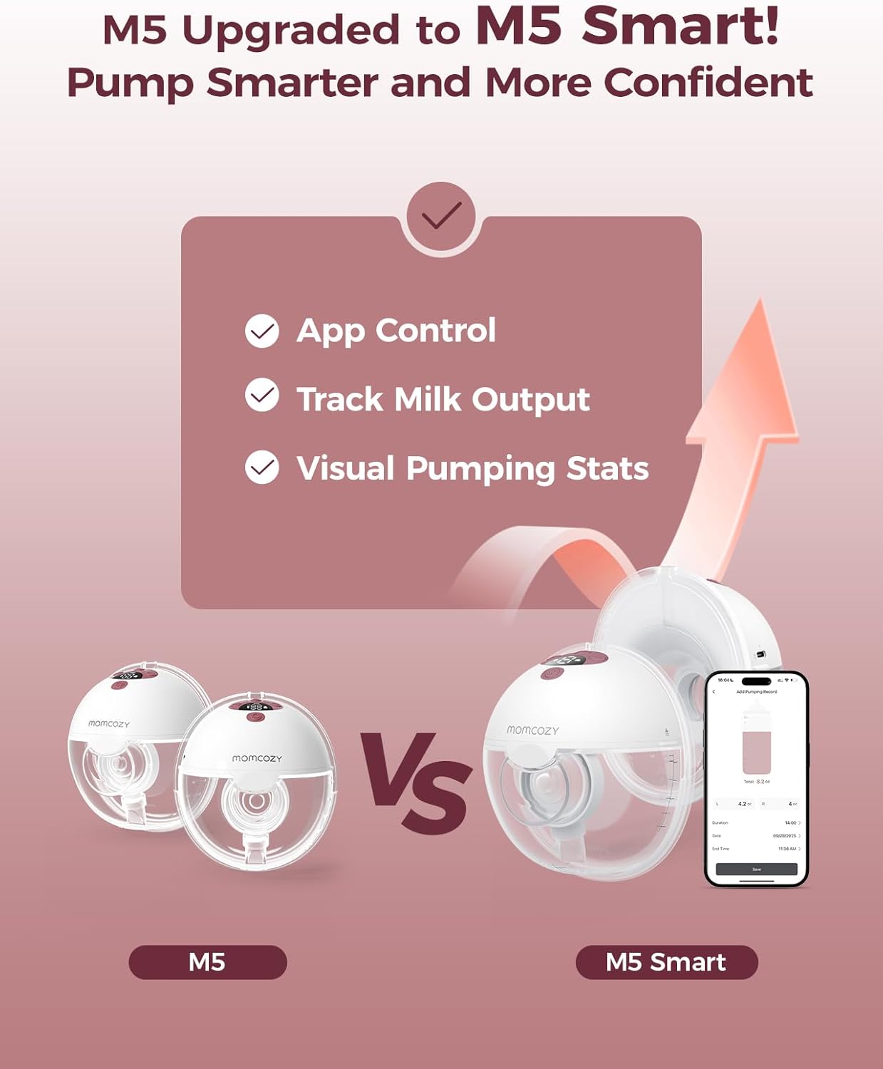 Momcozy M5 Smart APP Controlled Wearable Breast Pump, Hands-Free Wireless Electric Pump, 3 Modes 9 Suction Levels, BPA-Free, Portable Lightweight, 24mm Flange, 2-Pack Cozy Red