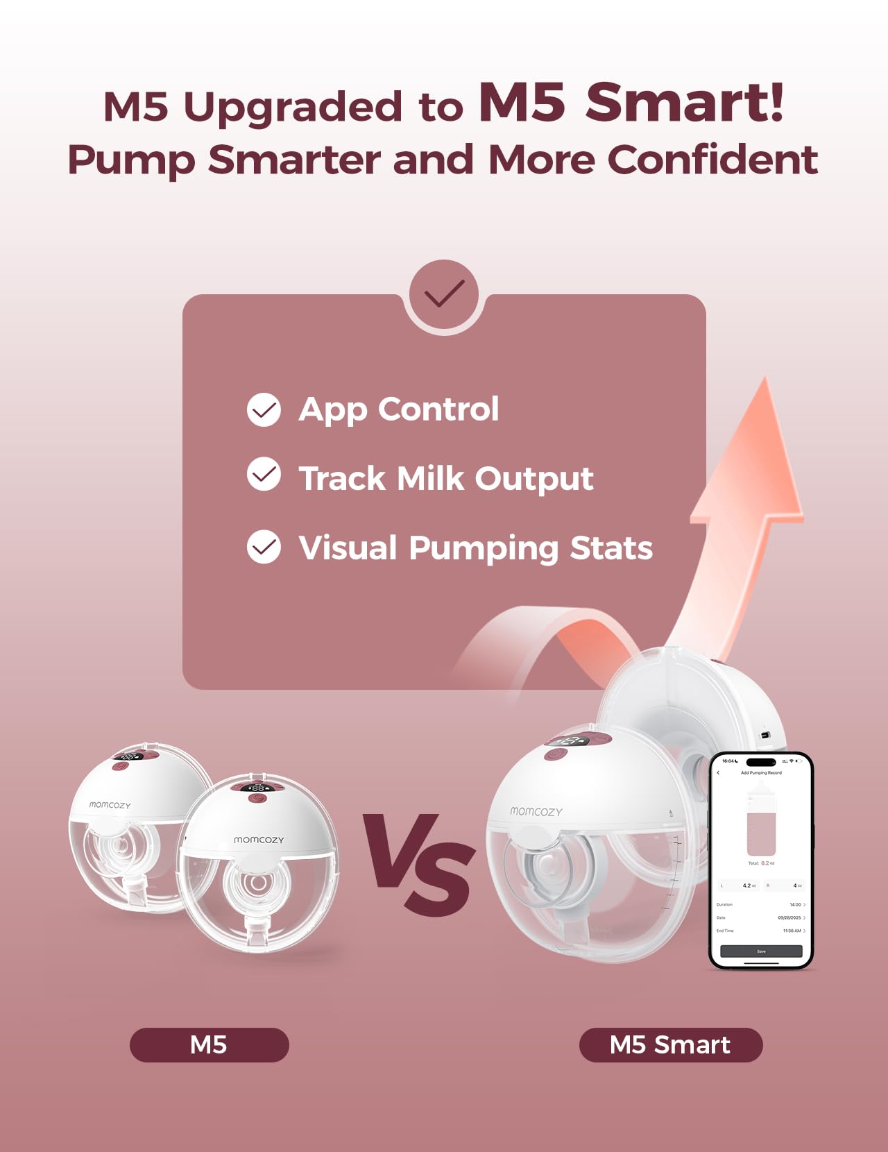 Momcozy M5 Smart APP Controlled Wearable Breast Pump, Hands-Free Wireless Electric Pump, 3 Modes 9 Suction Levels, BPA-Free, Portable Lightweight, 24mm Flange, 2-Pack Cozy Red