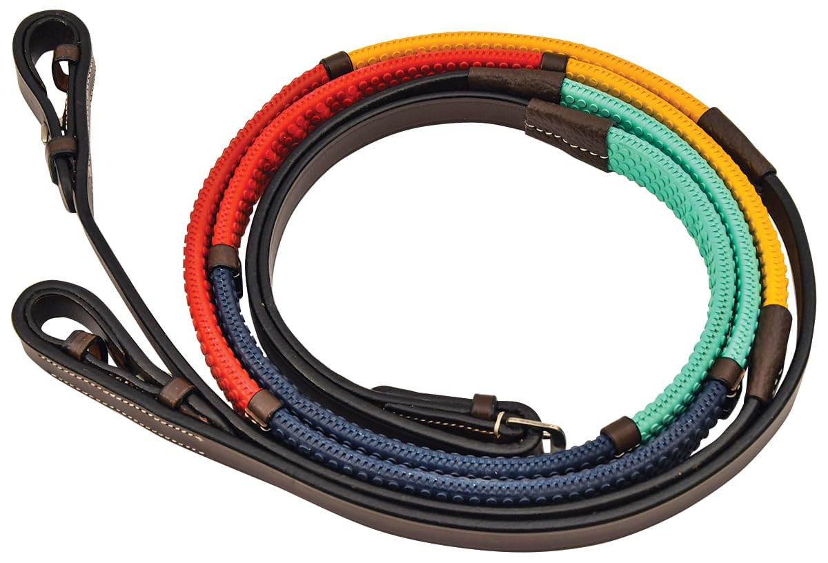 Kincade Rainbow Reins with Hook Studs, Brown/Multi, 1/2"x48"