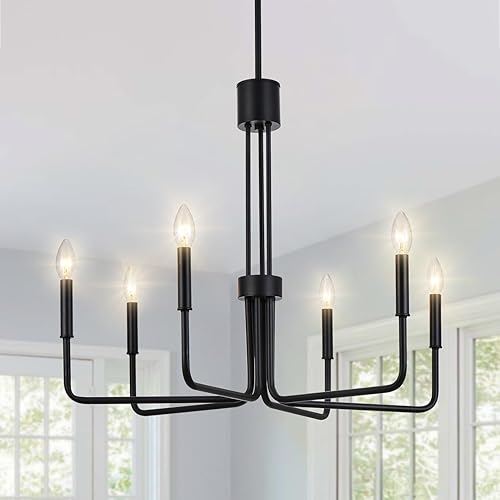 Niloah Black Chandeliers for Dining Room, Dining Room Light Fixture Over Table, 6-Light Modern Farmhouse Chandeliers, 28 Inches Hanging Light Fixture for Dining Room, Adjustable Height