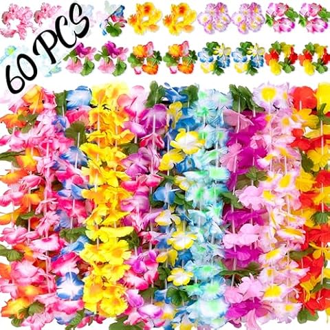 Moon Boat 60 Pieces Hawaiian Luau Leis - Tropical Tiki Hibiscus Flowers for Summer Pool Party Favors Supplies Decorations (10 Styles) Cover