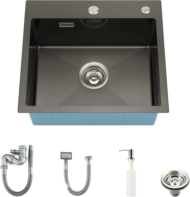 KORVO Topmount Kitchen Sink 50 X 45 X 19 cm - Drop in Sink PVD Coating NanoTek 1.0mm Stainless Steel Single Bowl Drop Sink