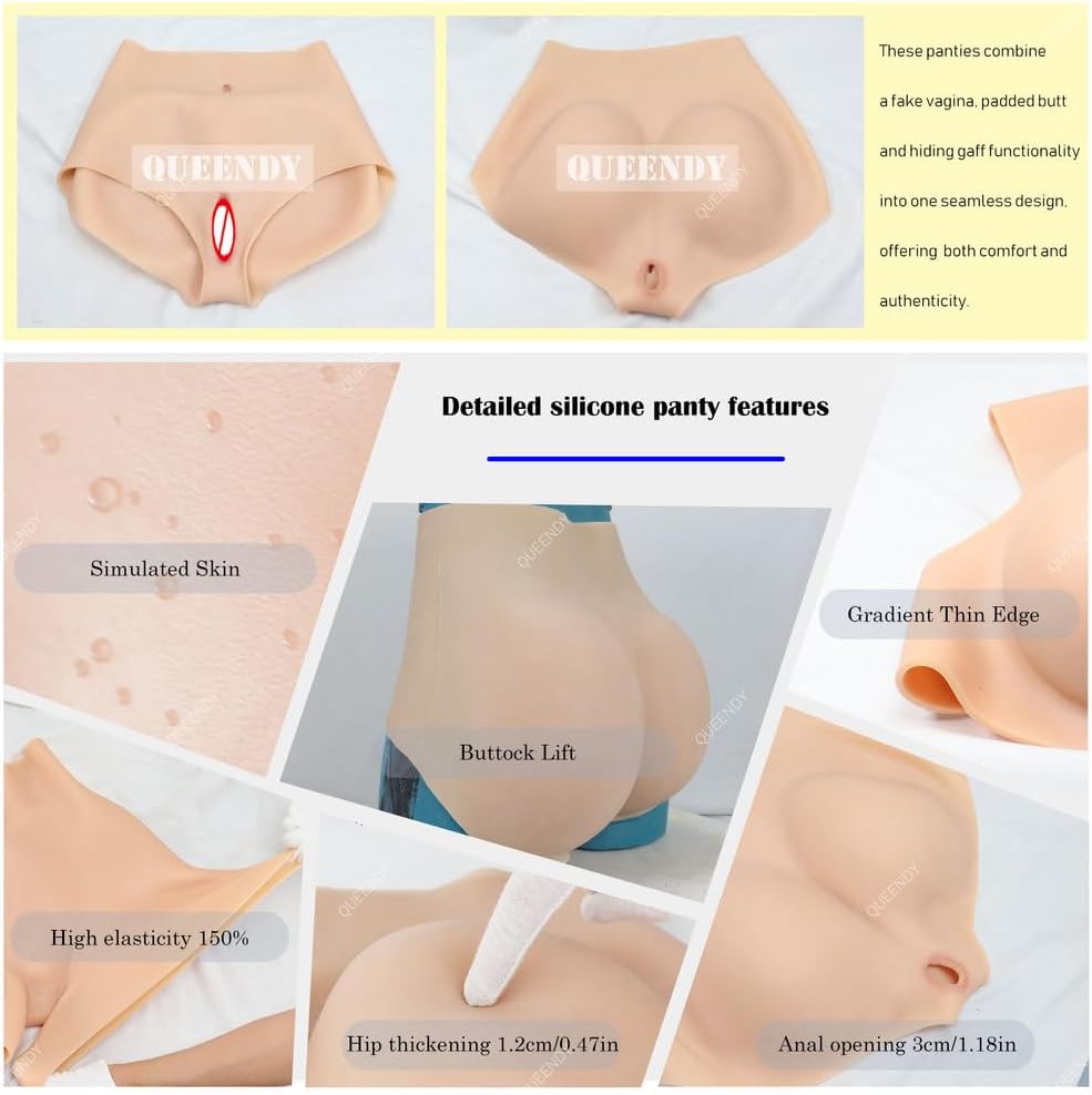 Realistic Silicone Panties with Fake Vagina & HIPS Lifter Sissy Hiding Gaff Triangle Briefs for Crossdresser Shemale,Color 1,Penetrable