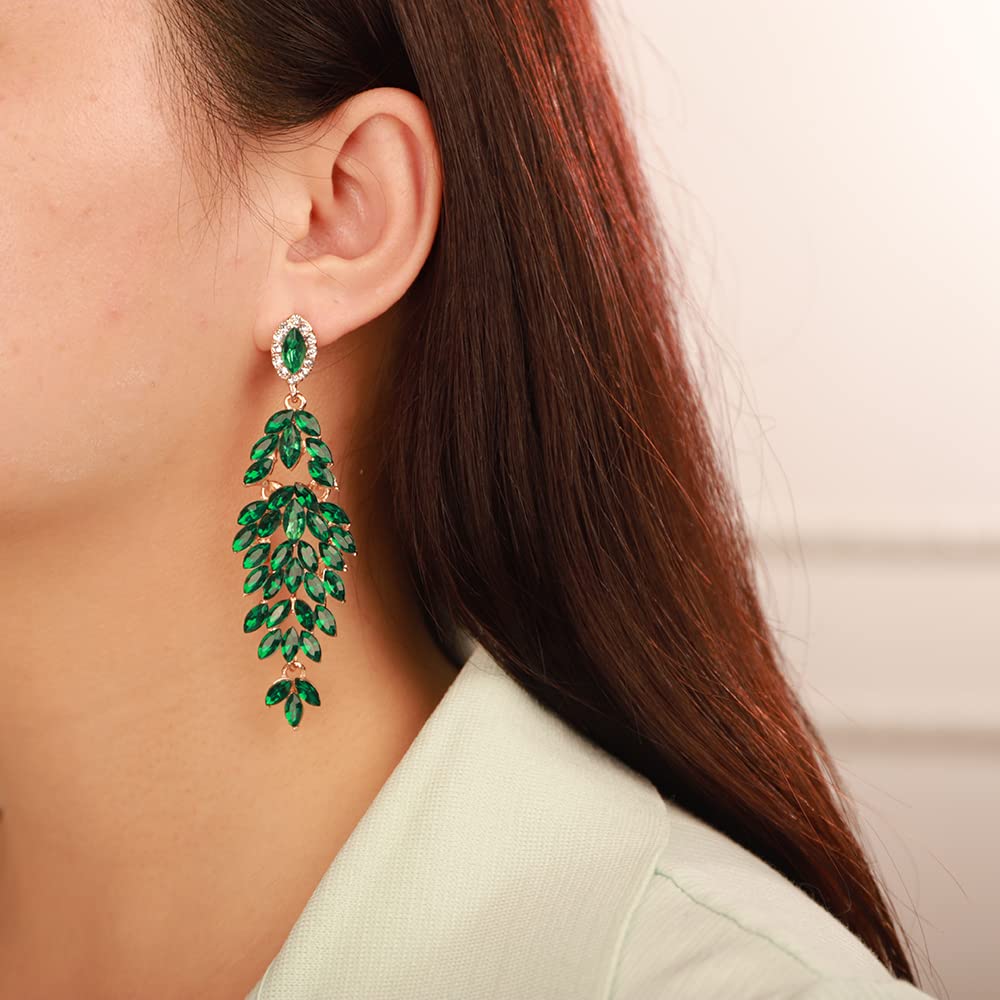 Kercisbeauty Fashion Women Crystal Long Drop Emerald Green Rhinestones Earrings Wedding Bridal Glitter Jewelry Vintage Earrings for Women (Green) - Image 2