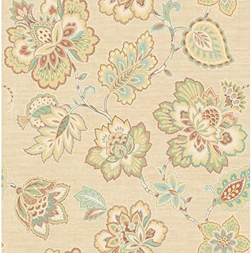 Wallpaper Designer Green Blue Beige Rust Rose Jacobean Floral Vine on BeigeFaux