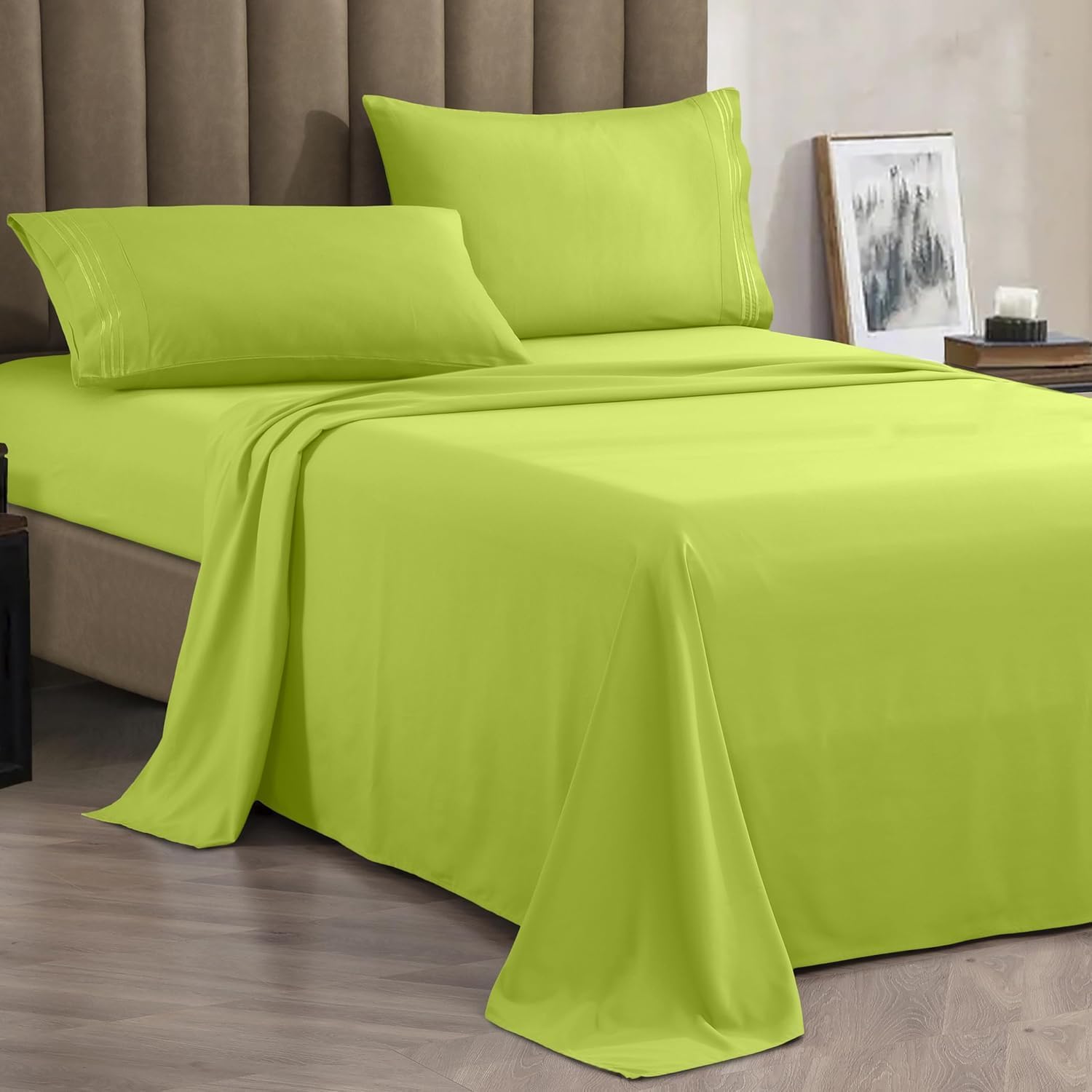 CELINE LINEN Premium 1800 Hotel Quality Wrinkle-Resistant 4-Piece Microfiber Sheet Set - Luxury Ultra Soft and Breathable Bedding 16 Inch Deep Pocket 4PC Sheet Set, King, Lime