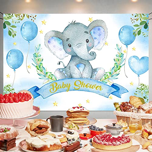 Blue Watercolor Elephant Baby Shower Backdrop Elephant Greenery Leaves Balloon Photography Background Elephant Baby Shower Party Decorations Banner For Boy #TOP2