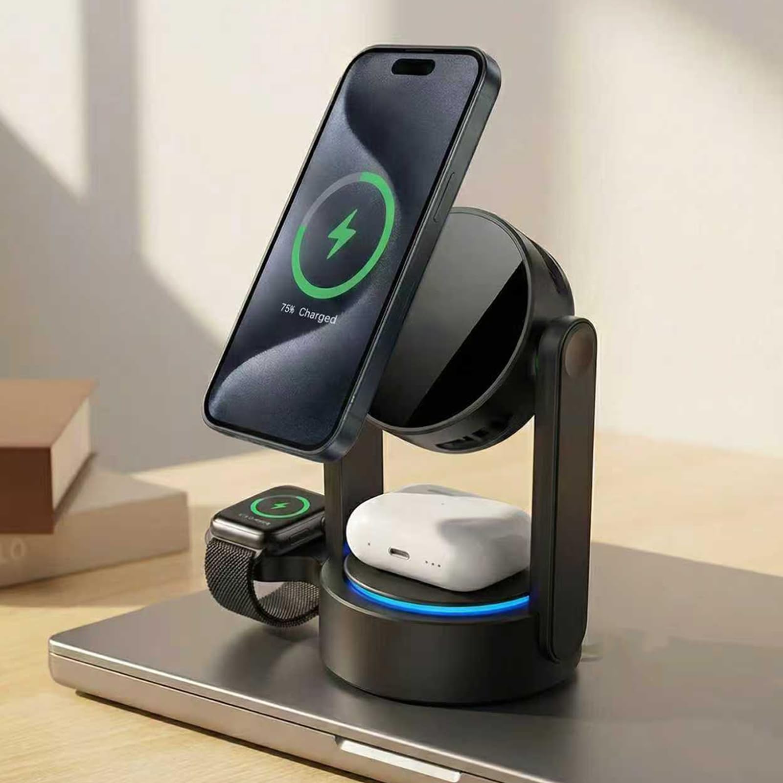 3 in 1 Desktop Charging Pad Stand per Telefono Orologio Auricolari Ricarica Rapida con Indicatori LED Stazione Pieghevole Dock