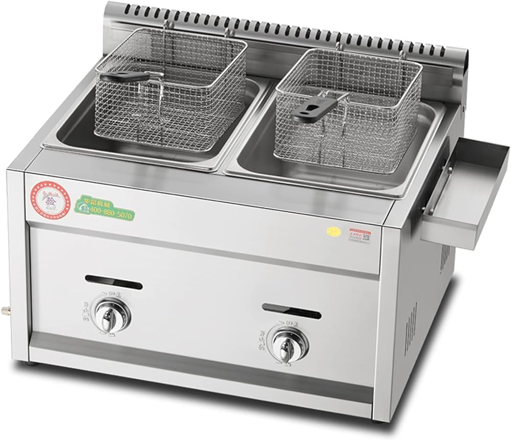 Friggitrice a gas di grande capacità, in acciaio inox, per uso domestico e commerciale, potenza di fuoco regolabile con cestini e coperchi