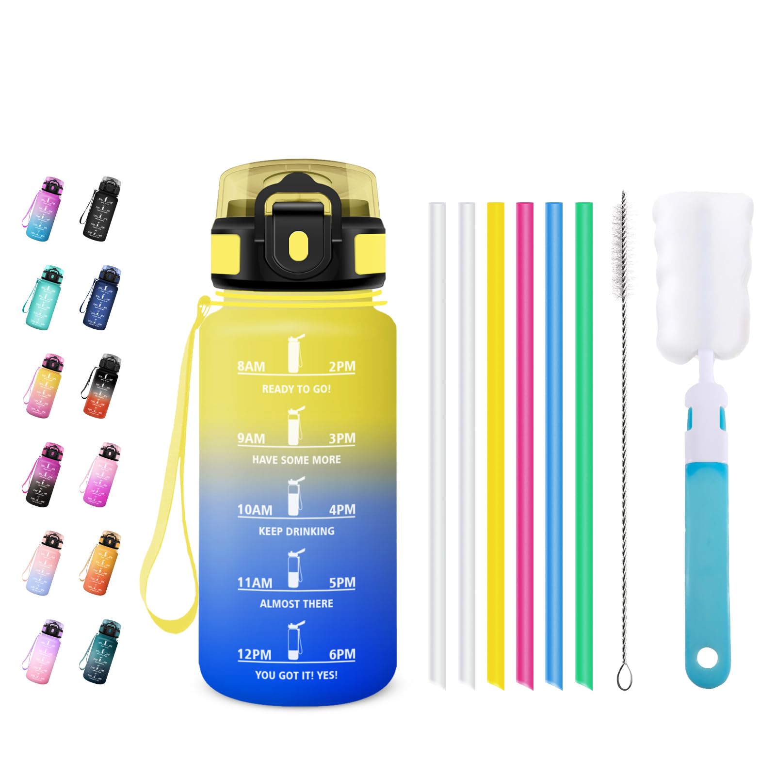 JAPORIA Drinking Bottle 500 ml, Suitable for Carbonated Drinks, Leak-Proof, Water Bottle with Straw & Time Marking for Yoga, Office, School