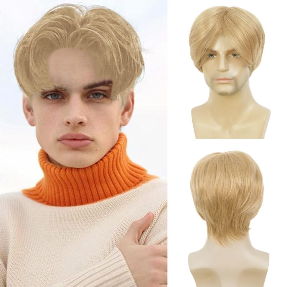 Swiking Blonde Short Straight Wigs for Men Natural Middle Part Synthetic Hair Wigs for Male Daily Party Wig