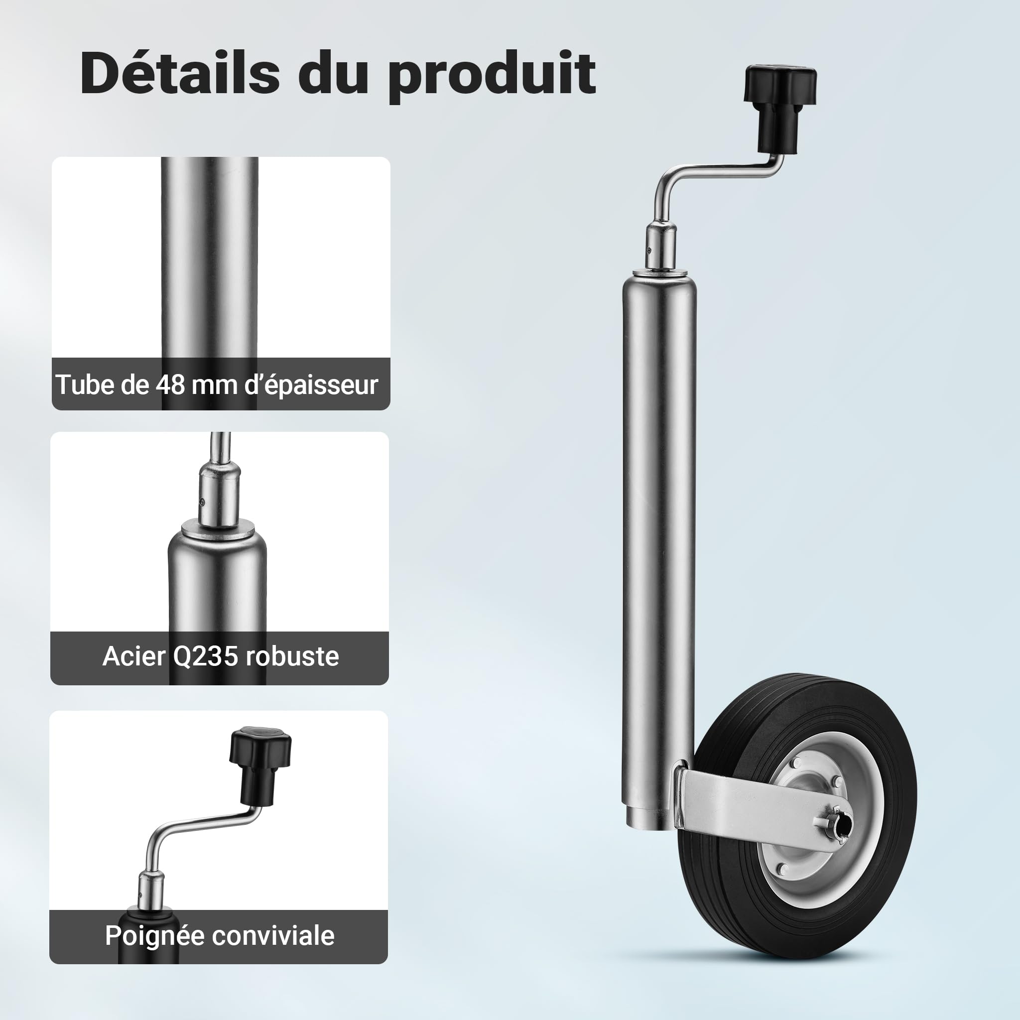 Wiltec Roue Jockey pour remorque – 600 x 250 x 50 mm – DM 48 mm – capacité Max. 362 kg – en Acier galvanisé et Caoutchouc – Béquille Camping Car Caravane