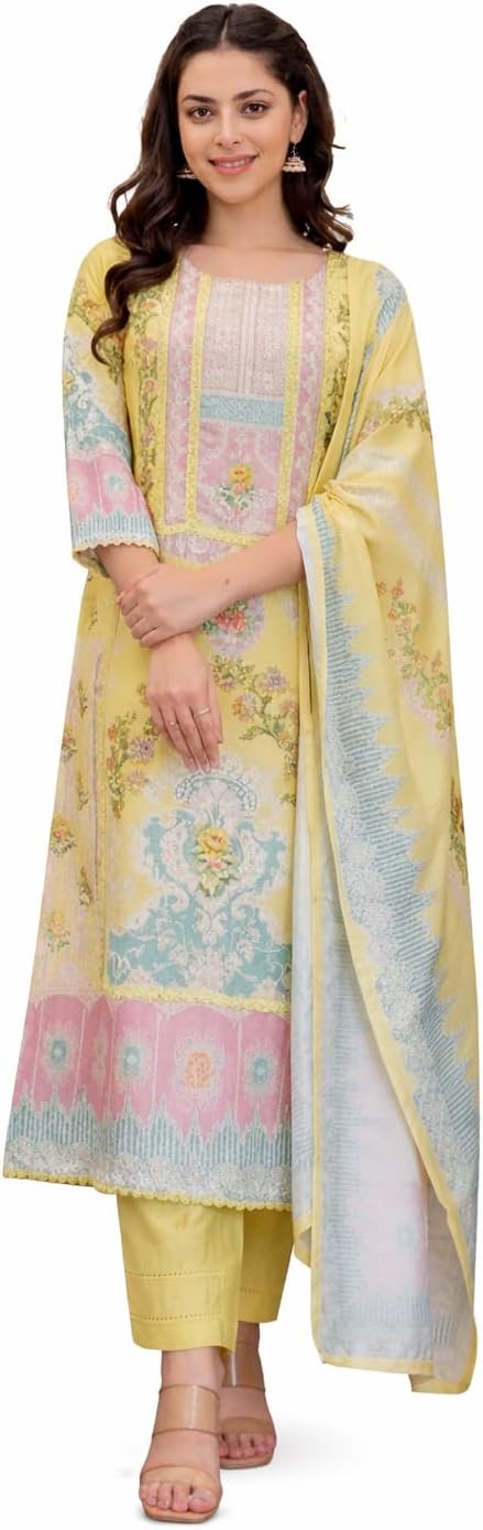 Women's Lawn Suit Set, Yellow Floral Printed Kurti with Dupatta and Pants, 3 Piece Pakistani Salwar Kameez