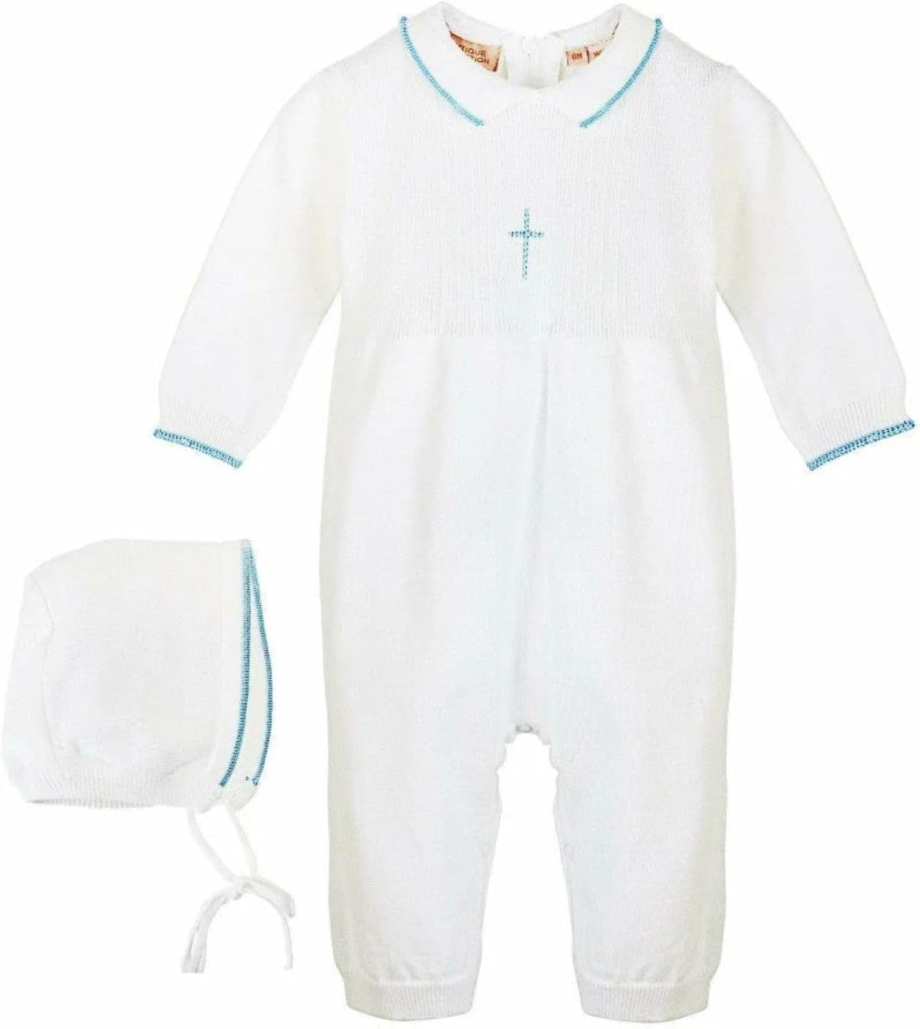 Knit Pearl Cross Baby Boy Christening Outfit with Bonnet – Handmade Baptism Romper