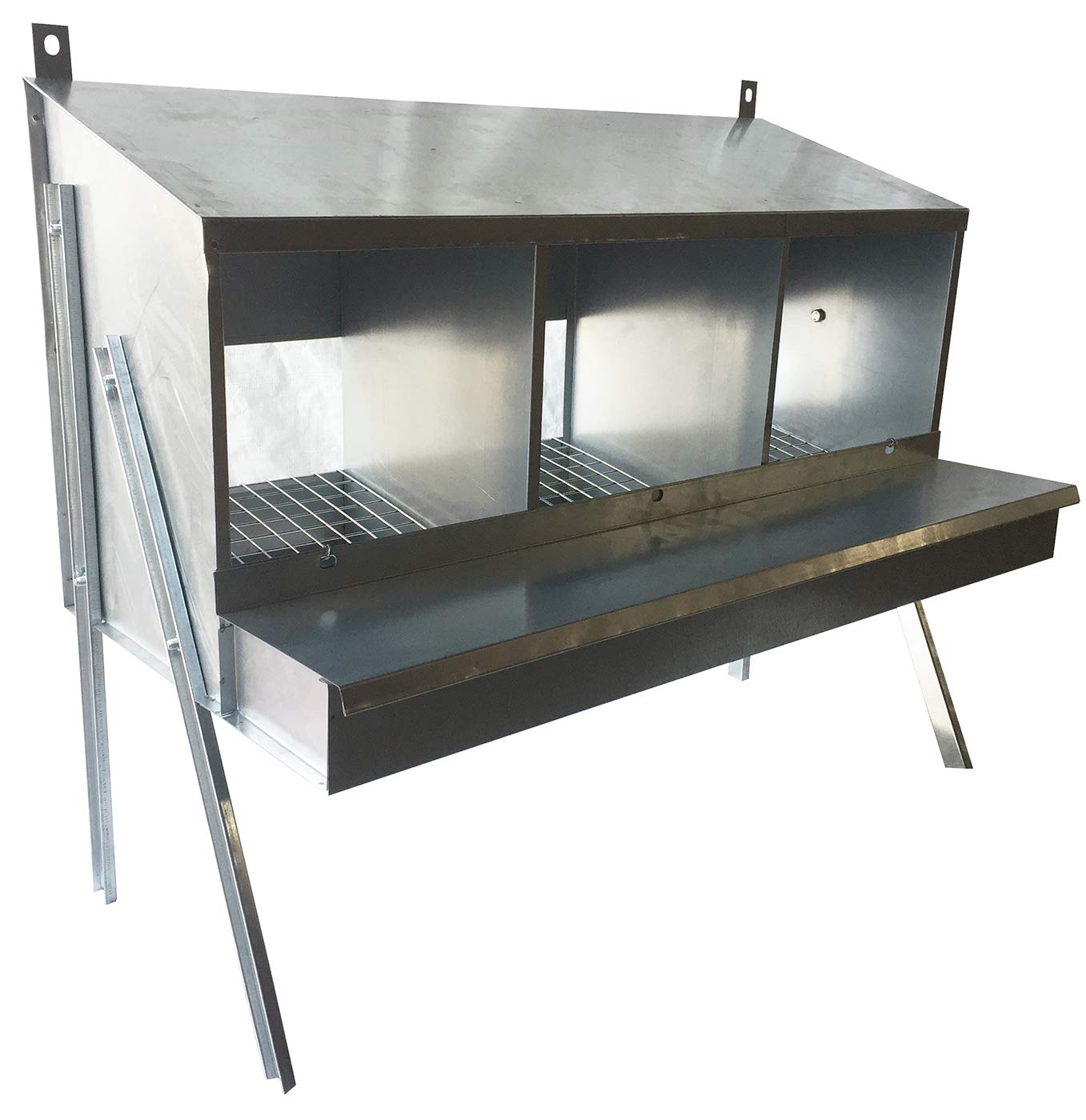 Nido a 3 Posti con Gambe di Sostegno Tutto in Lamiera e Rete Zincate per Galline Ovaiole. Massimo ingombro cm L 85 x P 42 x H 69. Solo il Nido Misura Cm L 85 x P 42 x H 45