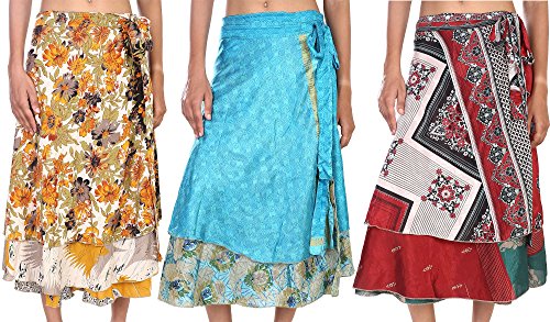 Stylo Culture Indian Wrap Midi Jupe 2 Couches superposés Maillots de Bain Beach Wrap Jupe Lot en Gros Art Silk Magique Wrap Womens Imprimé Genou Longueur Jupes Indiennes 3 Pc Lot Cover