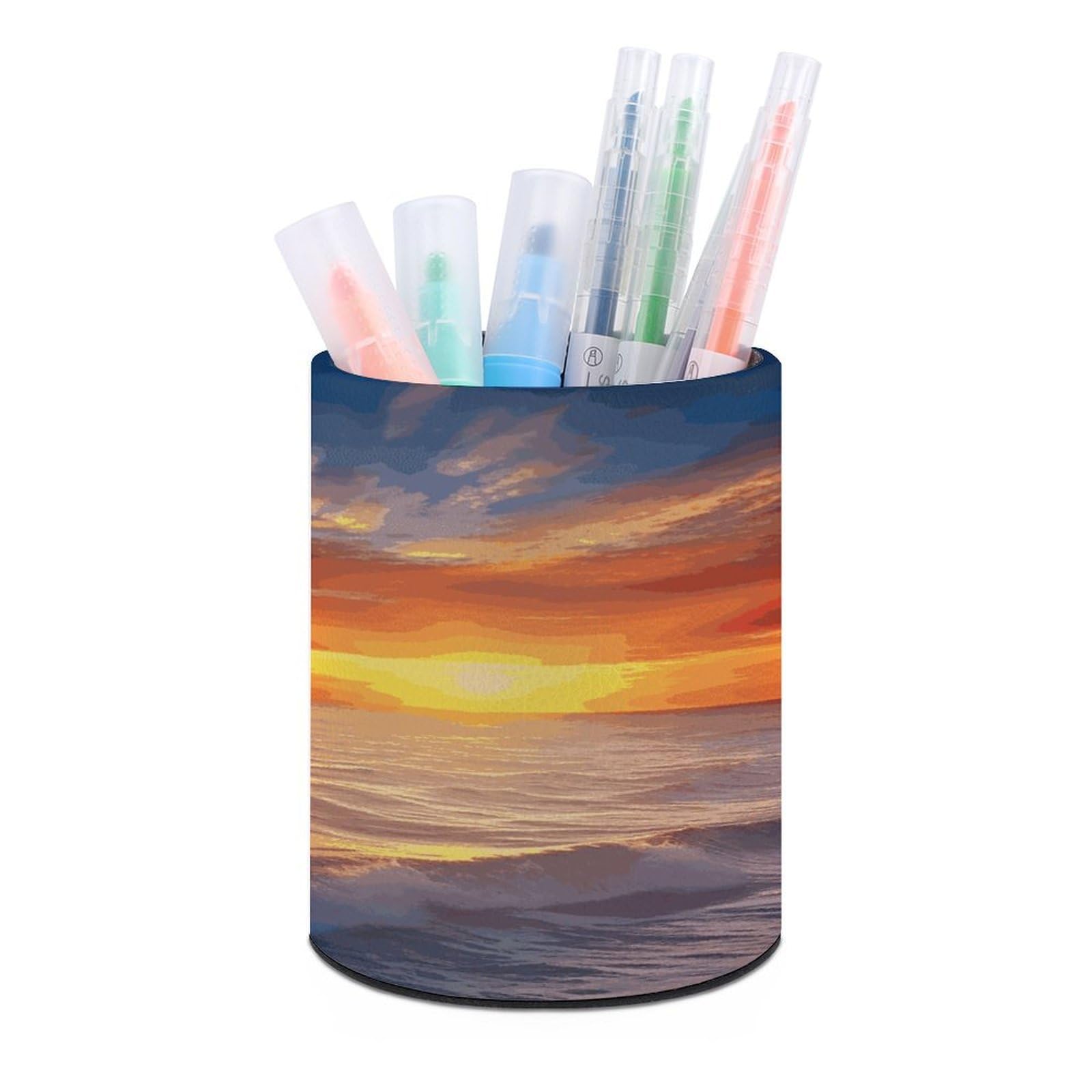 FekiLoot Sea And Sunset Pen Holder Cup Fashion PU Leather Pencil Cup Minimalist Pen Organizer Round Pencil Holder Stand Work Locker Accessories for Decoration Desk Office Home