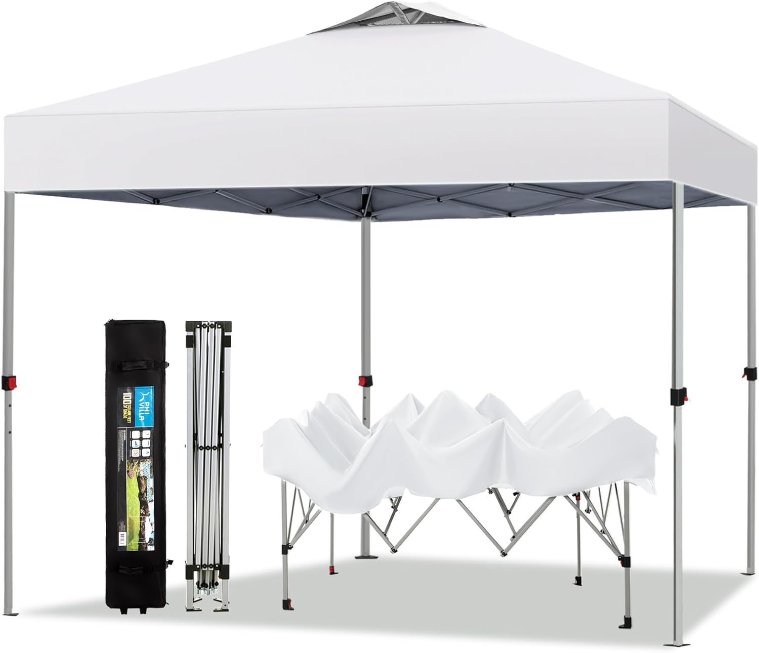 PHI VILLA Outdoor Pop up Canopy 10'x10' Tent Camping Sun Shelter-Series Party Tent, 100 Sq. Ft of Shade (White)