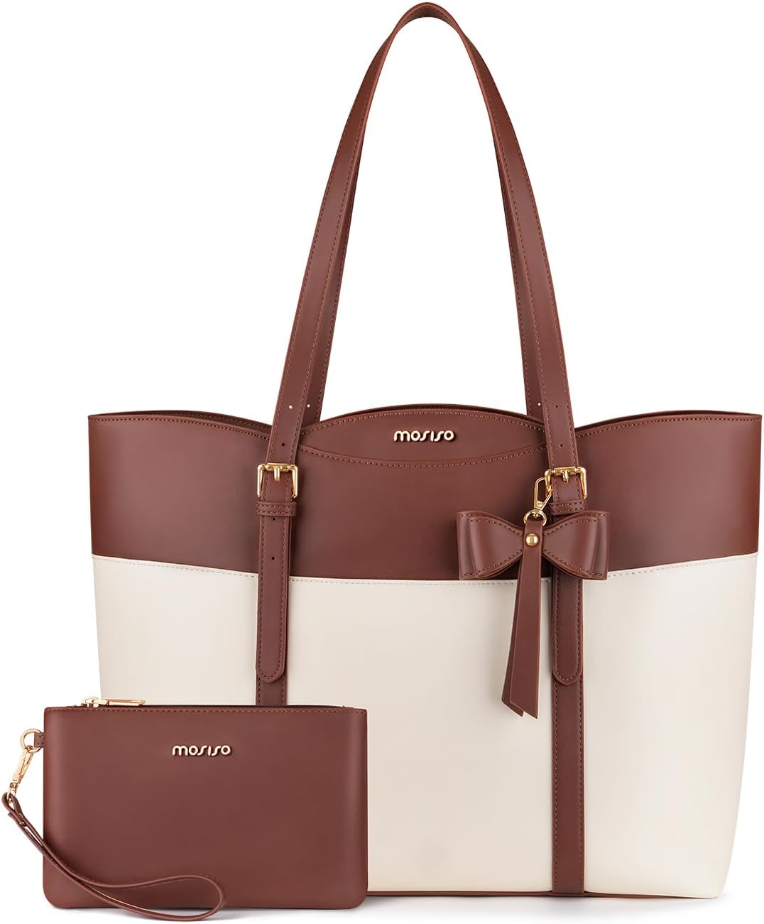 MOSISO Laptop Tote Bag for Women,15.6 inch PU Leather Arc-shaped Pocket Tote Bag&Clutch Purse,Large Capacity Work Handbag with Bowknot,Waterproof Computer Bags Work Briefcase for Business Office,Brown