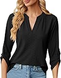 Women's V Neck Jacquard Long Sleeve Simple Casual Shirt Tops Soft Rayon Blend Loose Fit Blouse Daily Wear Shirts (Black,X-Large)