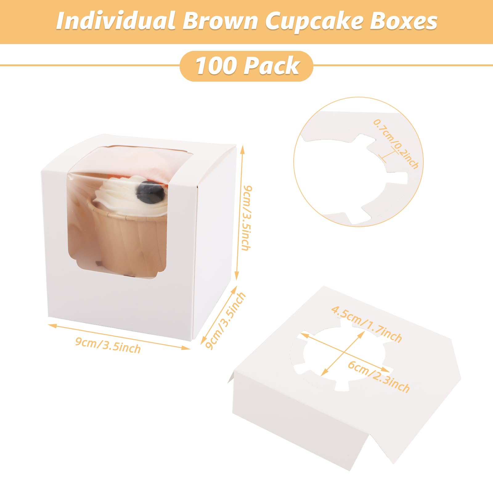 YOUNTHYE 100 cajas individuales para cupcakes, cajas blancas para cupcakes de papel kraft con ventana e insertos, cajas de cupcakes de 9 x 9 x 9 cm para fiestas infantiles, bodas, cumpleaños, Navidad