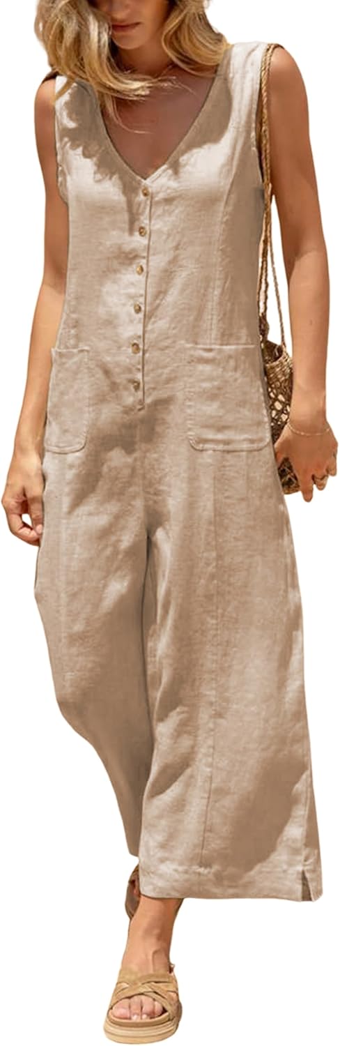 Yeokou Women Button Down Jumpsuits Cotton Linen Sleeveless Casual Wide Legs Rompers Loose Overall with Pockets