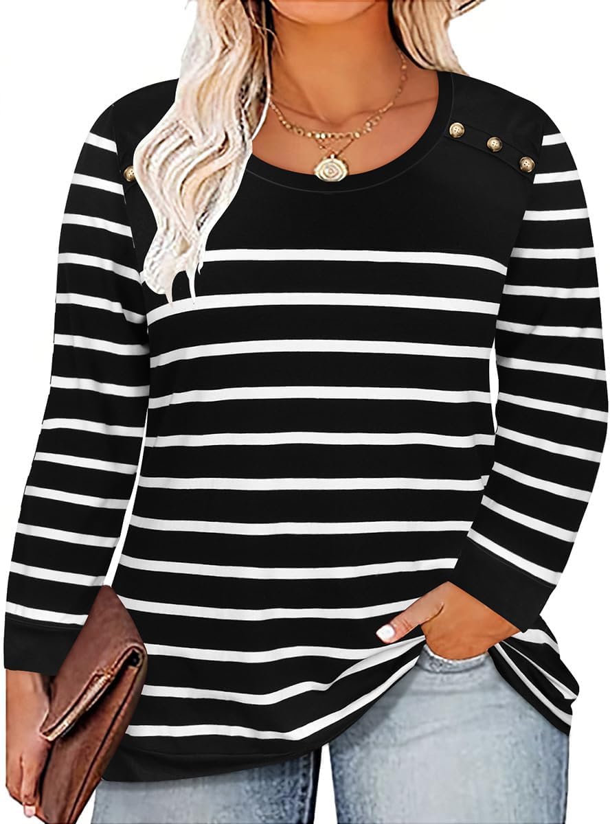TIYOMI Plus Size Tops for Women Long Sleeve Shirts Crewneck Tunics Button Up Casual Loose Fit Tshirt XL-5XL 14W-28W