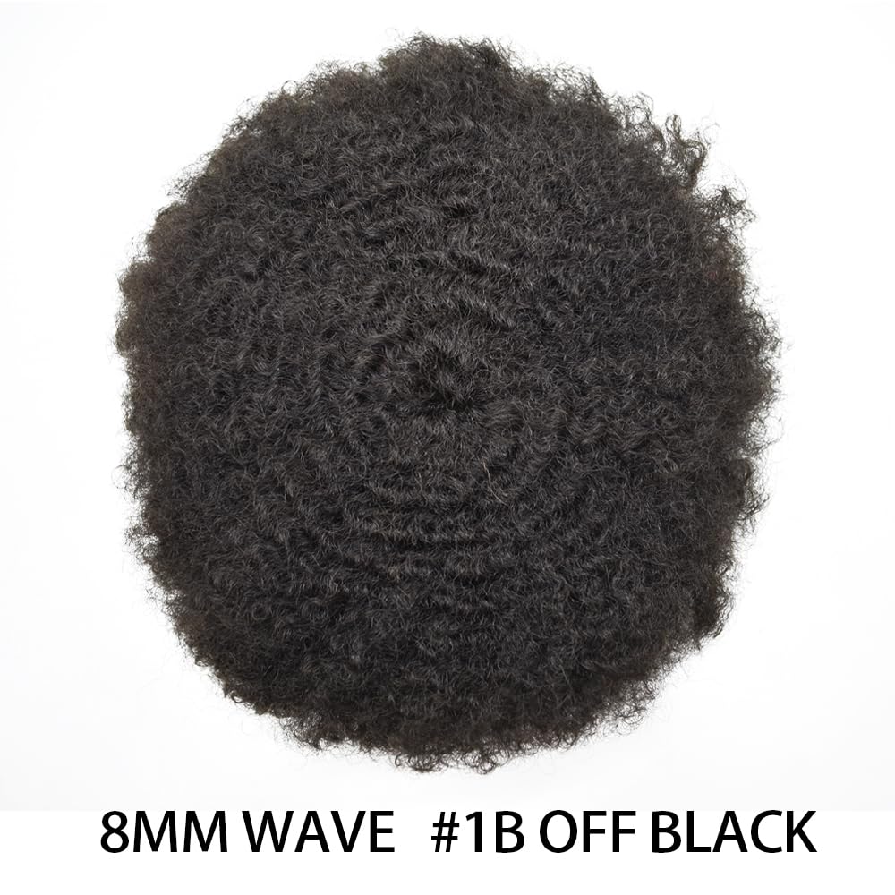 Generic Afro Curly Hair Units for Black Men Fine Mono Afro Curl Wavy Hair Unit Human Hair Replacement System African American Men Hairpiece 8X10-8MM Afro Wave#1B Off Black