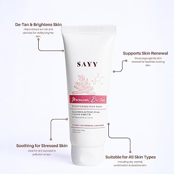 SAYY Moroccan De-Tan Brightening Face Pack for Advance Skin Renewal Radiance Clay Mask with Gluconolactone PHA, Alpha Arbutin, Niacinamide & Licorice, All Skin Types, 100g