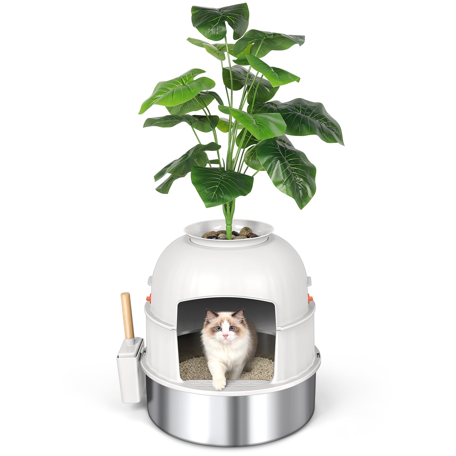 Hidden Cat Litter Box with Artificial Plant, Closed Stainless Steel Cat Litter Box, Includes Shovel, Pebbles, Charcoal Filter, Easy to Clean (Beige)