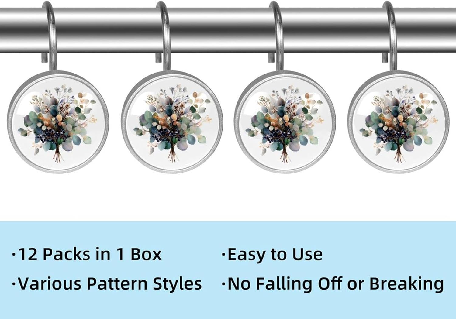 Eucalyptus Leaves Branches (2) Round Crystal Glass Decorative Shower Curtain Hooks with 3D Pattern Visual, Rust Proof Shower Curtain Rings-12 Pack