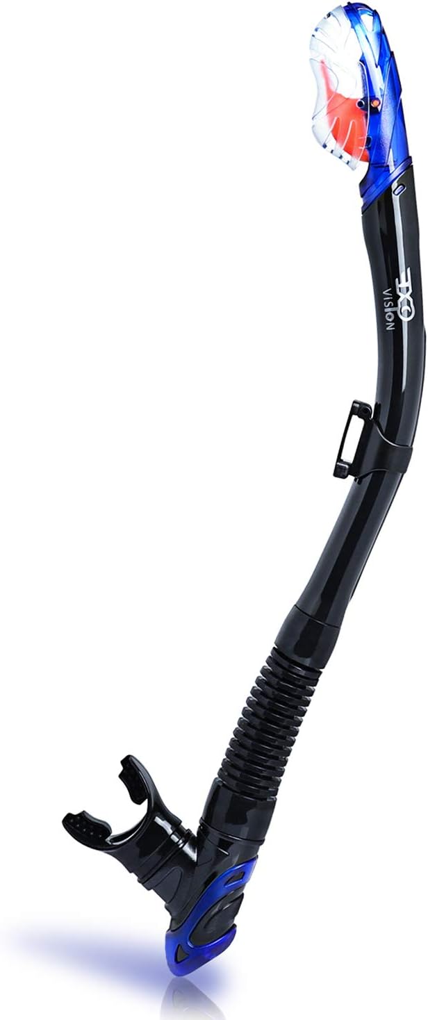 EXP VISION Dry Snorkel, Adult Dive Snorkel Free Breath Diving Snorkel Tube Food-Grade Silicone Mouthpiece Snorkeling Gear with Splash Guard Top Valve and Headstrap Clip for Snorkeling Swimming