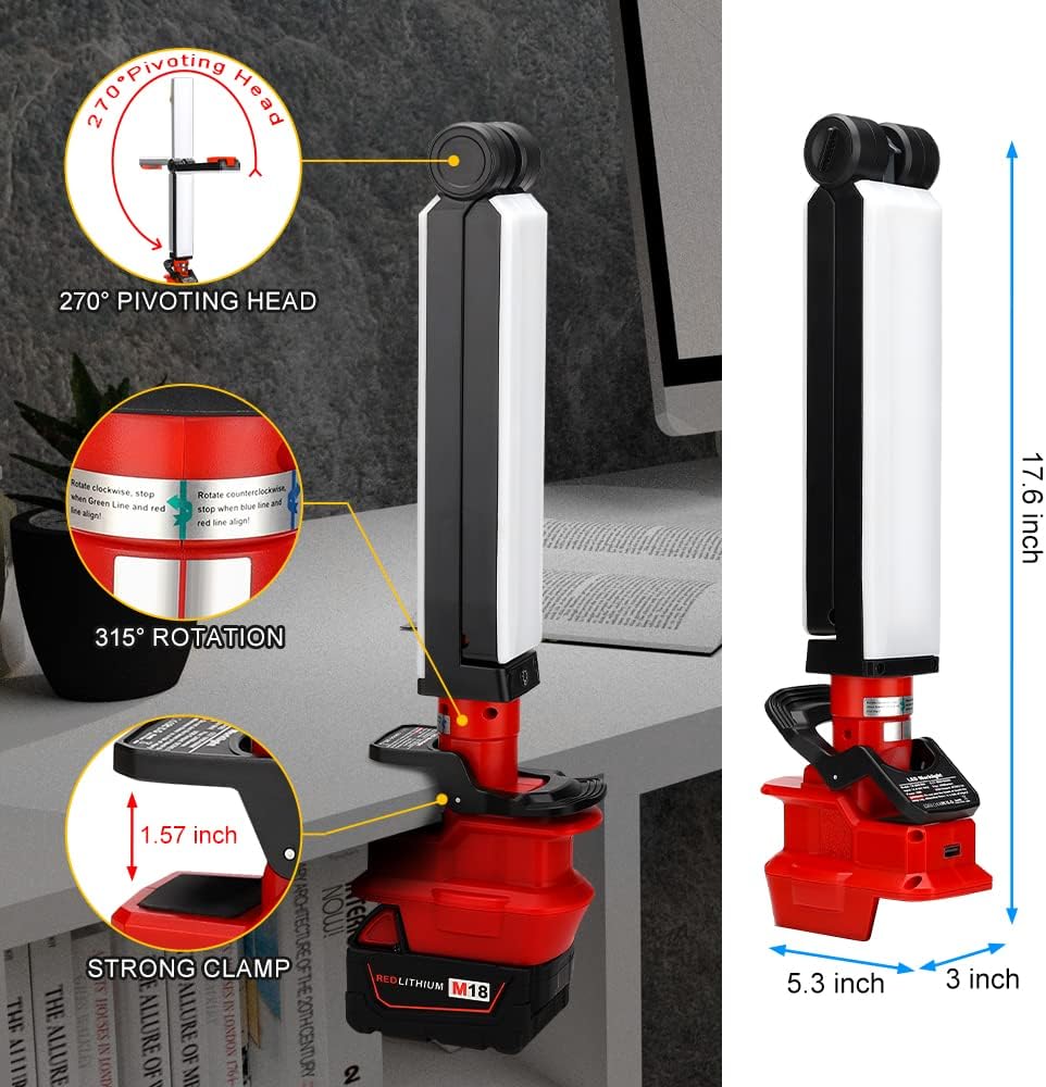 YEX-BUR 30W 2400LM LED Work Light Compatible with Milwaukee 18V Battery, Clip on Light Folding Light Outdoor Floodlight with USB Charging Port, Hooks Large Torch for Car Repairing, Camping, Emergency