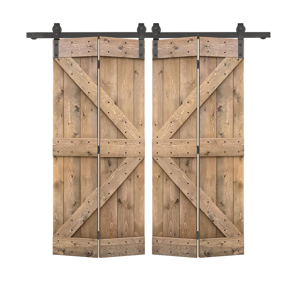 48 in. x 84 in. K Series Light Brown Stained DIY Wood Double Bi-Fold Barn Doors with Sliding Hardware Kit