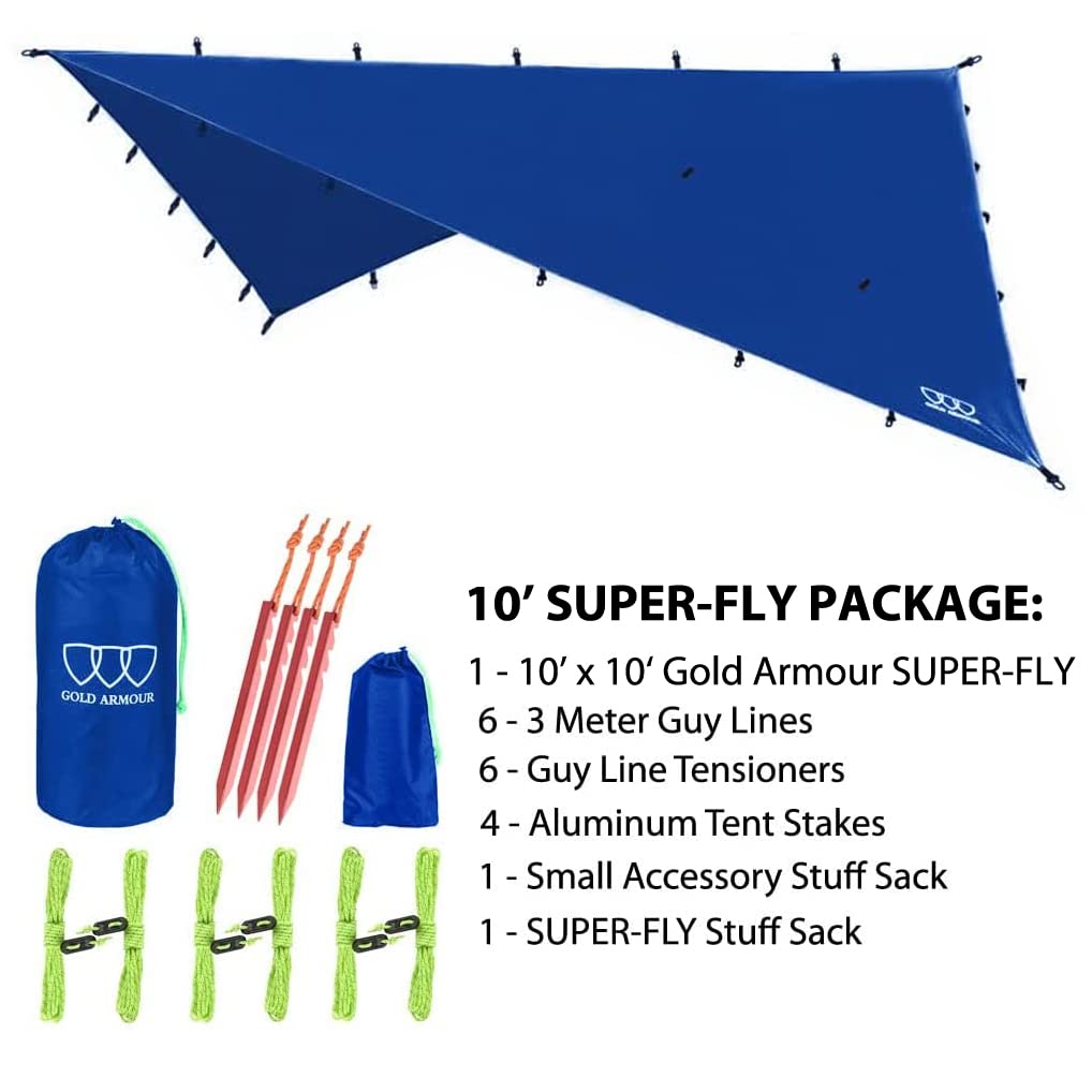Gold Armour Wodoodporna lekka płachta biwakowa 4,5 m / 3,7 m / 3 m / 2,4 m, osłona przeciwdeszczowa do hamaka, namiotu i biwakowania, akcesorium survivalowe i kempingowe, niebieska, 3 x 3 m