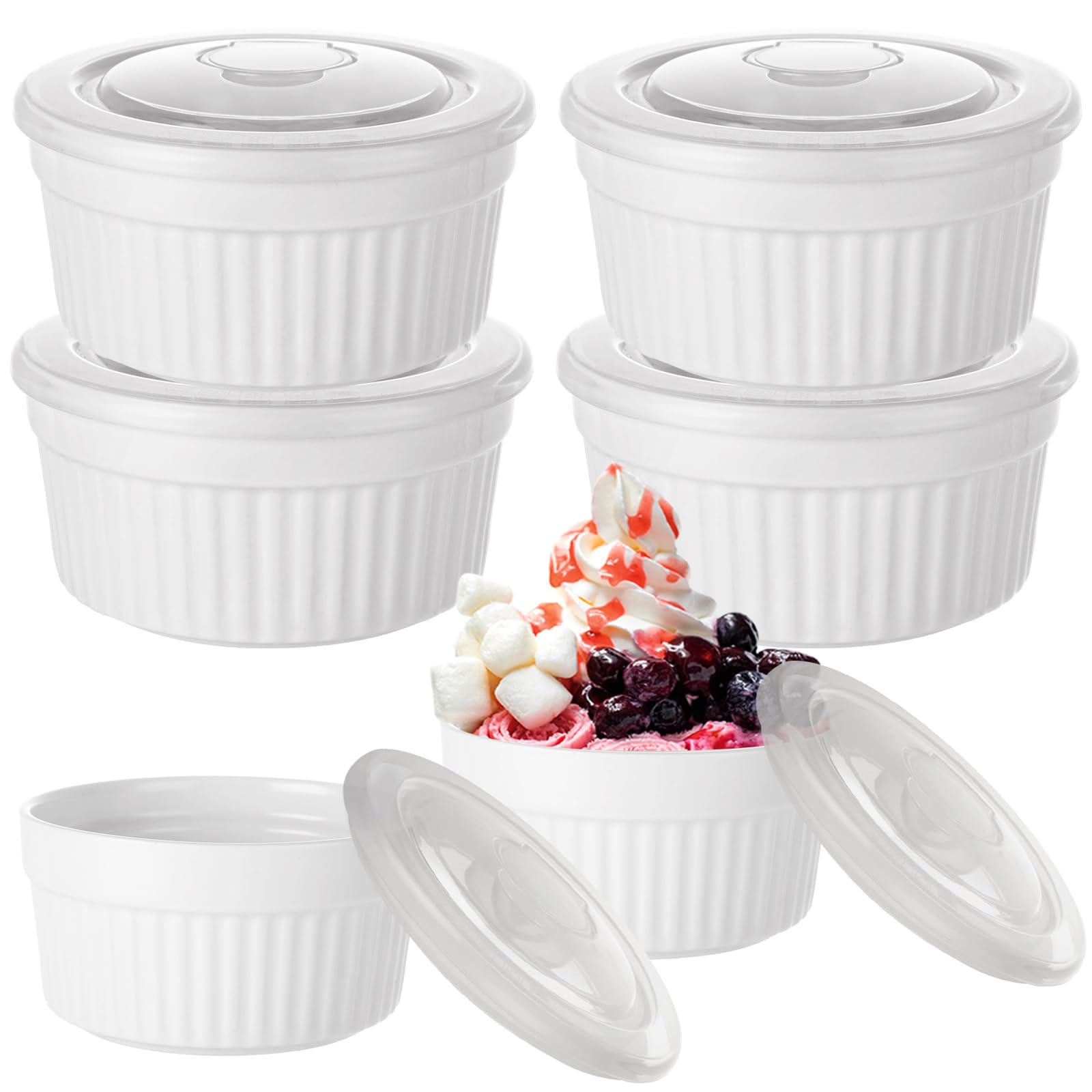 SENENQU 6 Pack 250ml / 8.8oz White Porcelain Ramekins with Lids, 10cm Ceramic Creme Brulee Dishes, Souffle Dishes Small Dipping Bowls Sauce Pots for Custards Pudding Jams Cupcakes Muffin – 2cm Height