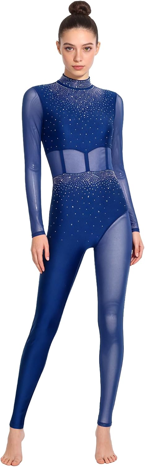 Jan Jean Womens Gymnastics Dance Jumpsuit Shiny Rhinestones Performance Leotard Rhythmic Gymnastics Leotard