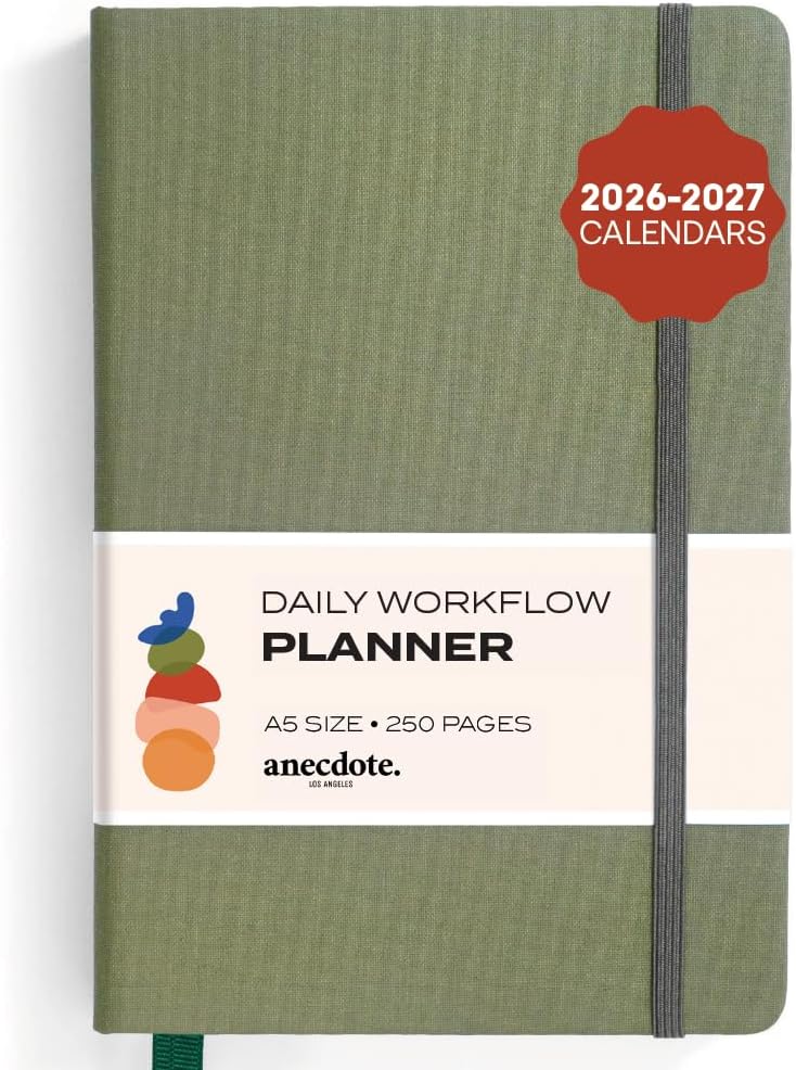 Anecdote Daily Planner w/ 2026-2027 Calendar | Start Anytime 26 Weeks Undated | 1 Page per Day | 8.5" x 5.2" | Hardcover To-Do List Organizer, Plan Your Success, Achieve Productivity Goals (Olive)