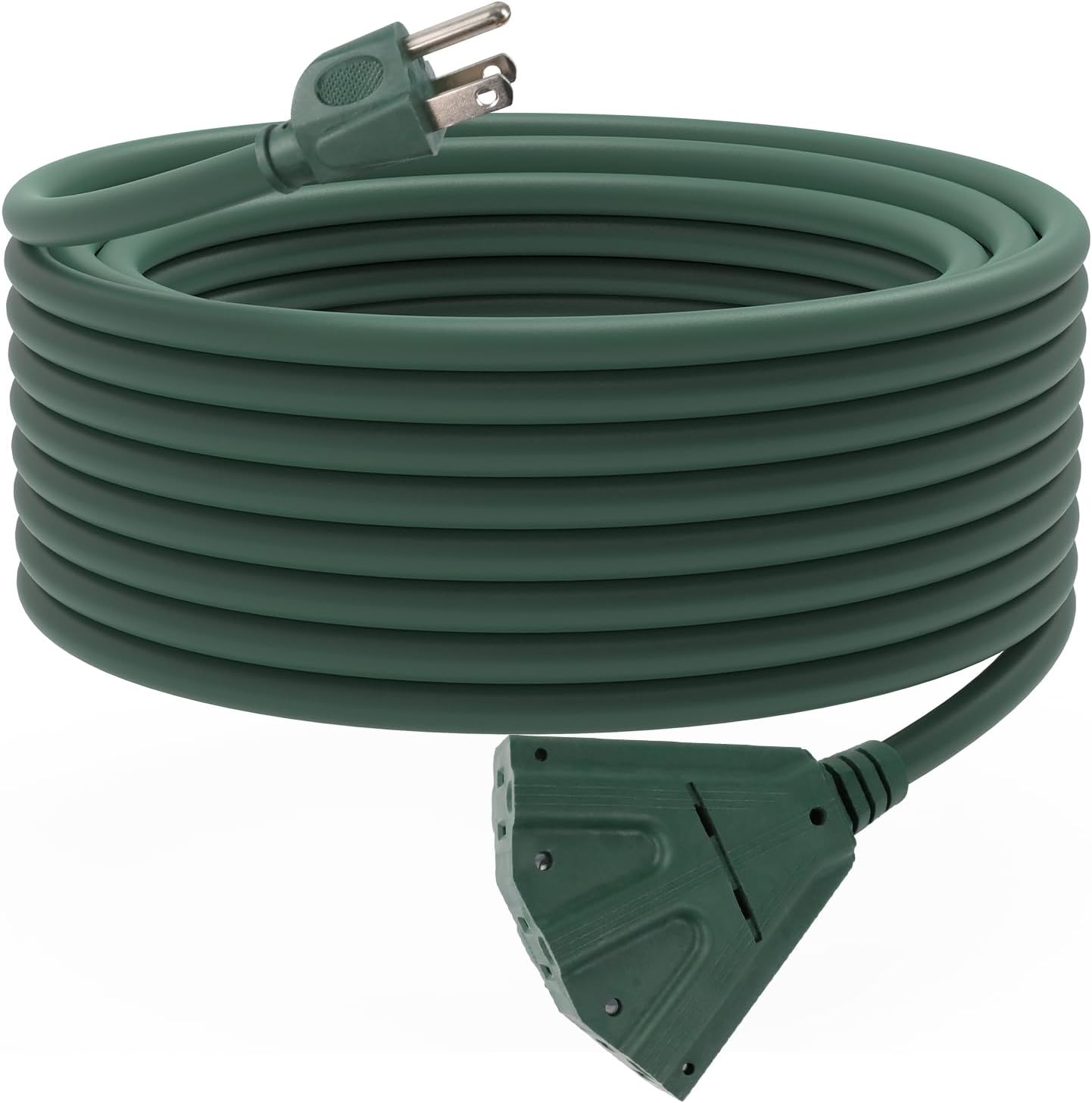 50 Ft Outdoor Extension Cord with 3 Electrical Power Outlets - 16/3 SJTW Green Cable with 3 Prong Grounded Plug