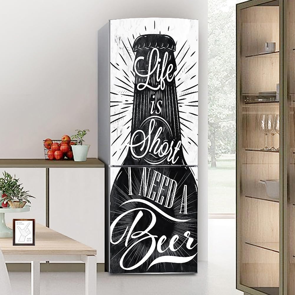 Fridge Stickers, Fridge Sticker Full Covering Door Covers Skins Wall Stickers for Kitchen Decal, Life Short Beer Black and White(M: 60x180 cm)