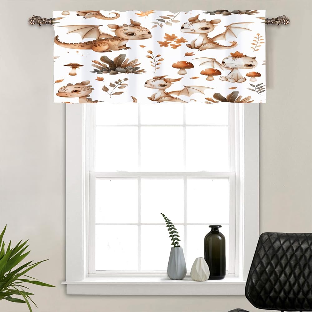 2 Pack Cartoon Dragon Leaf Window Valances, Rod Pocket Cute Animal Plant Window Treatment Short Curtains for Kitchen/Bathroom/Living Room, 54" W X 18" L